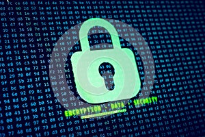 Green padlock icon over a screen of hexadecimal code, with glowing text Encryption Data Security, symbolizing deep data